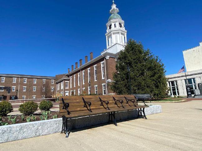 Historic train station bench placed at Weisiger Park